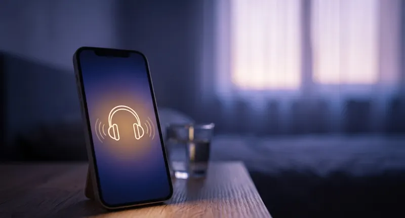 Phone on a bedside table glowing with a headphone chime icon