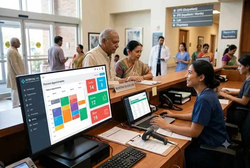 Hospital reception with the management system on screen